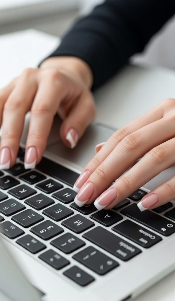 woman with short acrylic nails in nude shade typing on keyboard showing everyday practicality