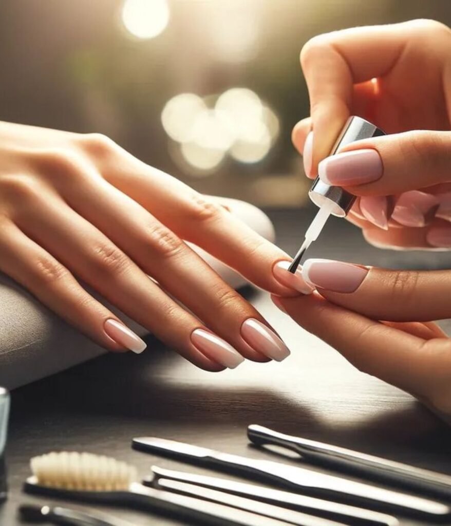 nail technician applying acrylic nail extensions at a salon