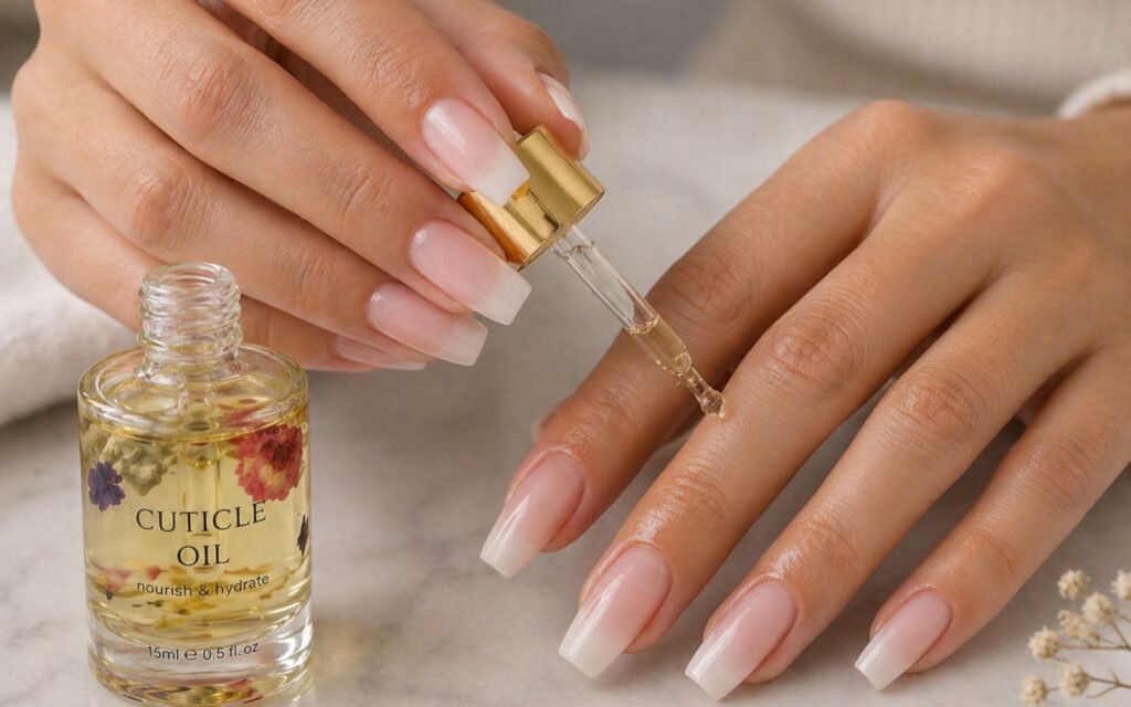 applying cuticle oil daily to protect natural nails under acrylics