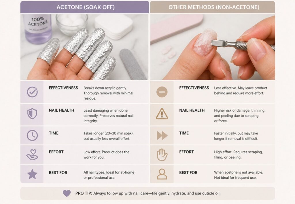 how to soak off acrylic nails at home with acetone vs other removal methods comparison