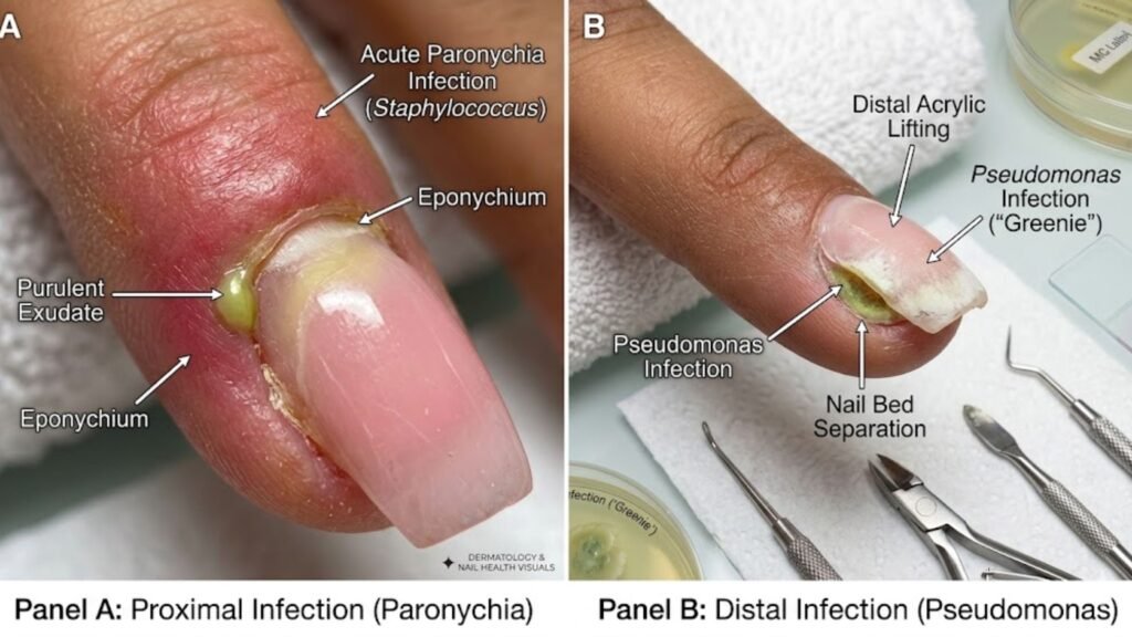 acrylic nail lifting and infection signs close up