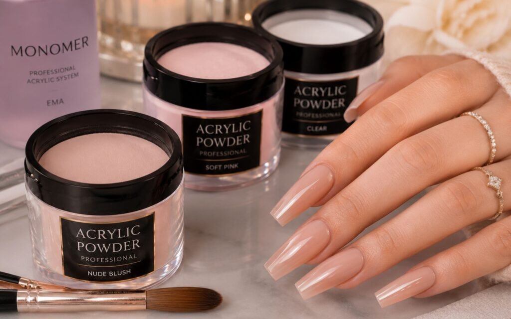 acrylic nail powder manicure with glossy nude nails