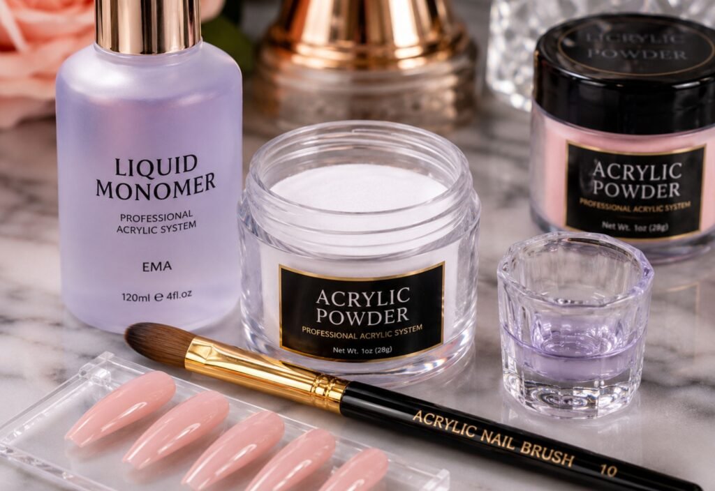 acrylic nail powder with liquid monomer and nail brush