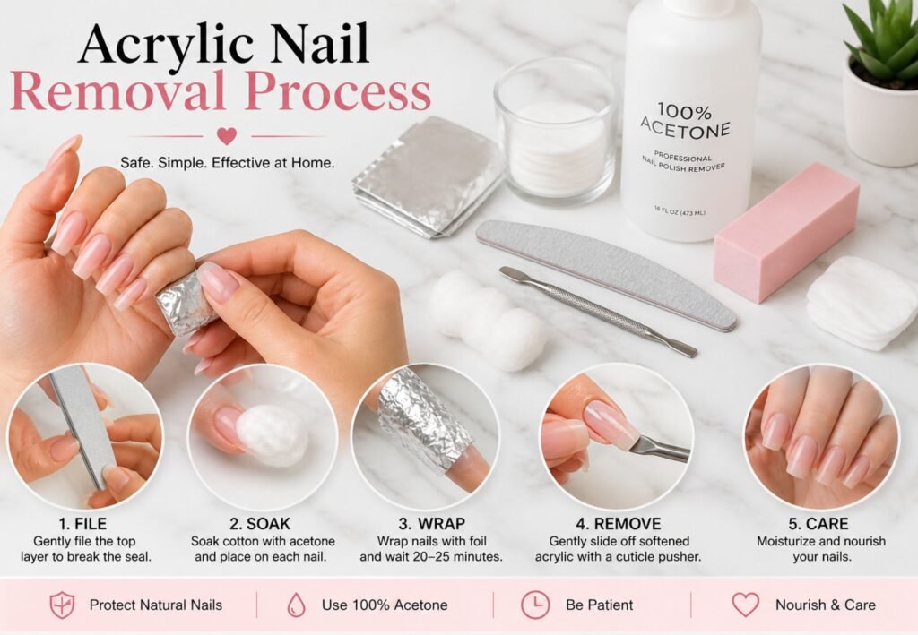 how to soak off acrylic nails at home with acetone step by step process