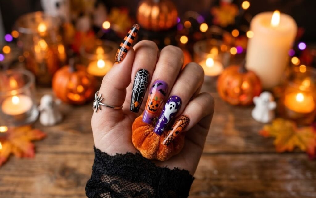 scary halloween acrylic nails with blood drip and skull art