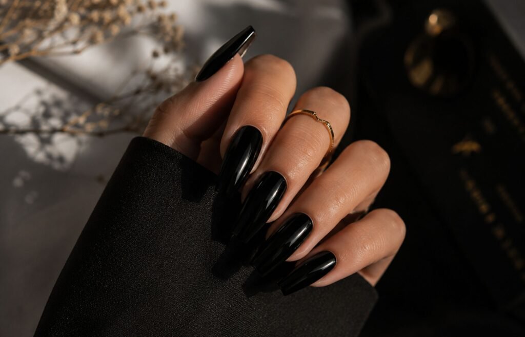 stylish black acrylic nails close up