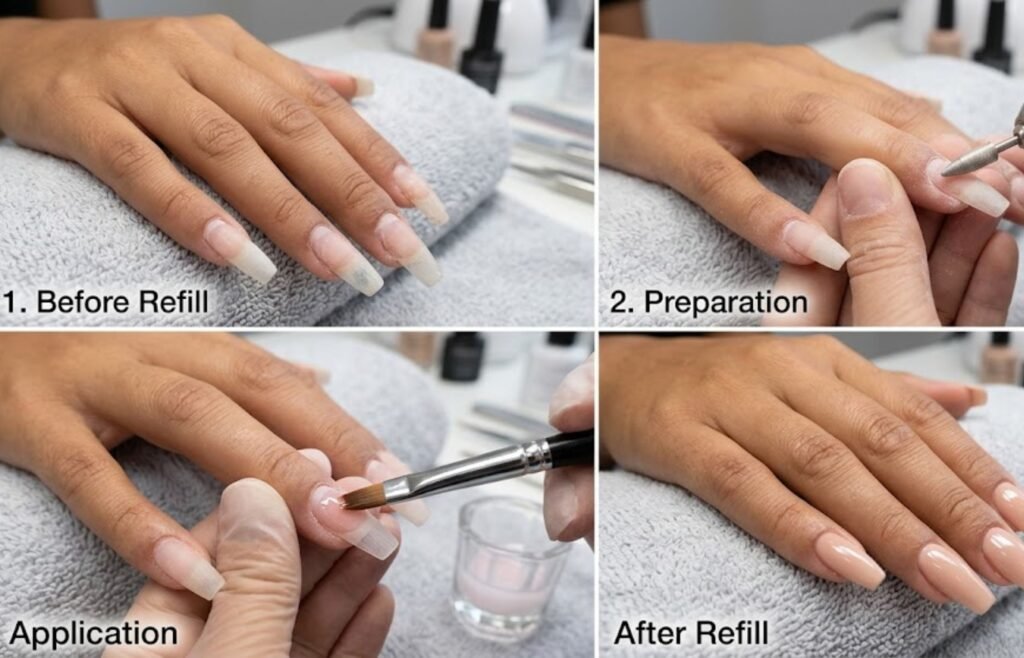 acrylic nails before and after refill process