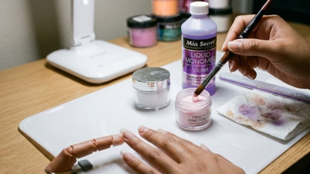 beginner using acrylic nail powder for practice nails