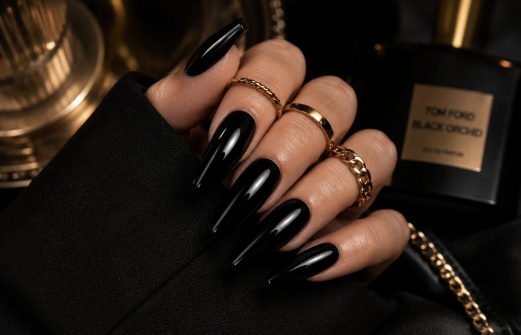 black acrylic nails with gold rings and stylish black outfit
