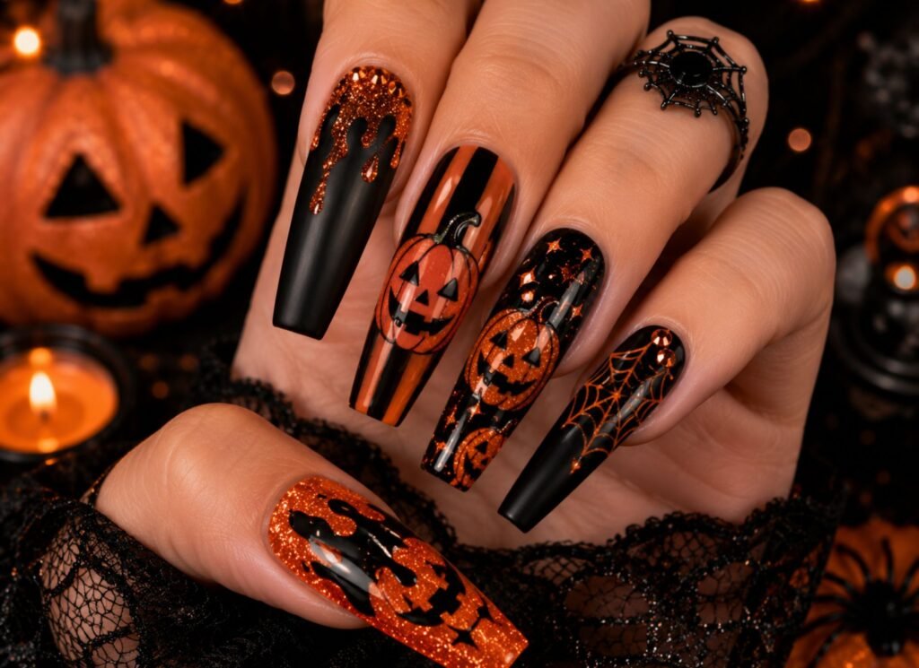 black and orange halloween acrylic nails coffin style