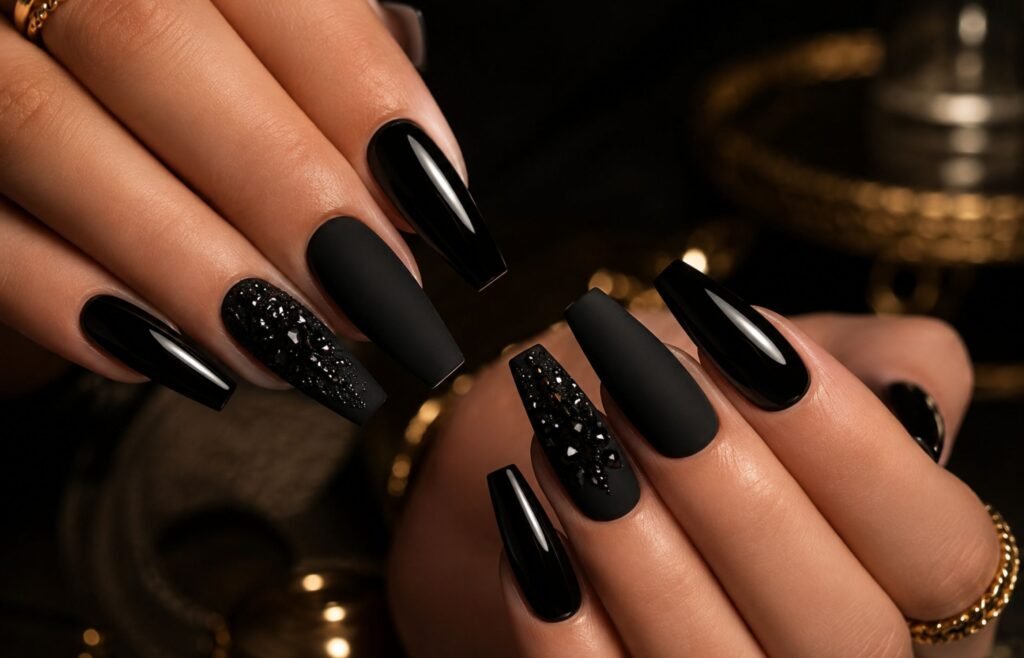 black acrylic nails stylish glossy manicure