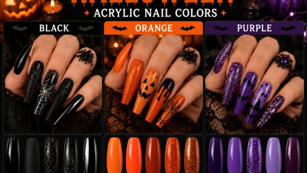 popular halloween acrylic nail colors black orange purple