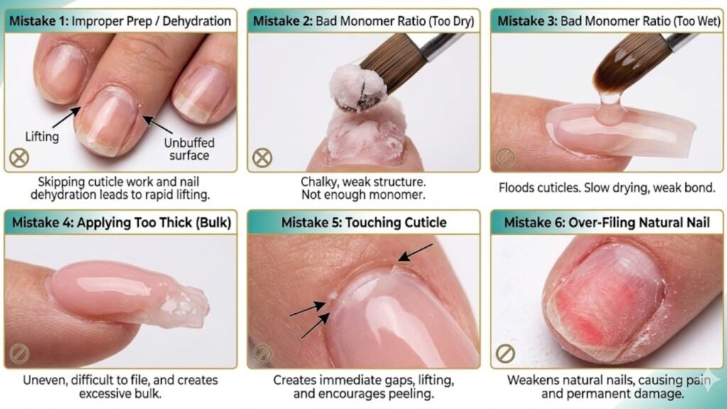 common acrylic nail powder application mistakes