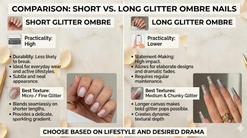 short vs long pink ombre acrylic nails with glitter