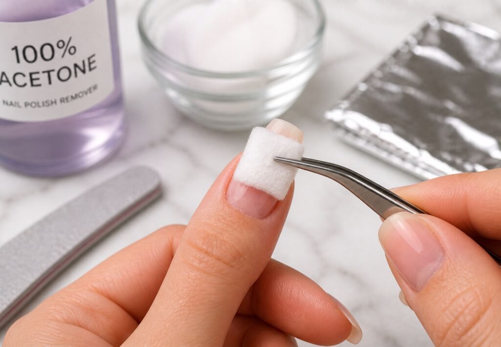 how to soak off acrylic nails at home with acetone applying cotton soaked acetone