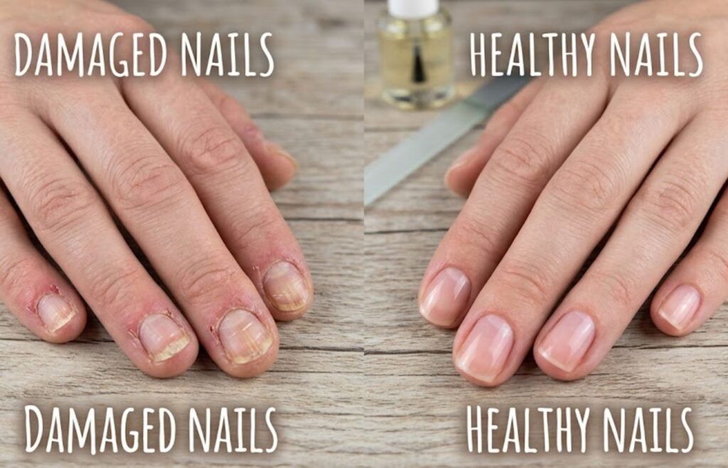 damaged vs healthy nails after acrylics removal comparison