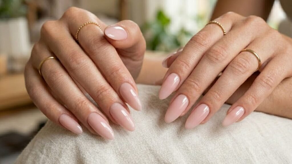 almond acrylic nail shapes with soft pink design