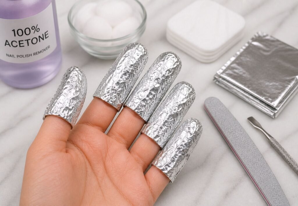 how to soak off acrylic nails at home with acetone foil wrap method