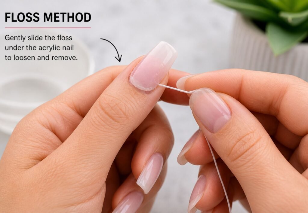 remove acrylic nails without acetone using dental floss method