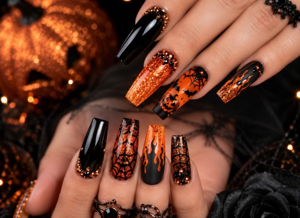 acrylic nails halloween nail art spooky black orange manicure