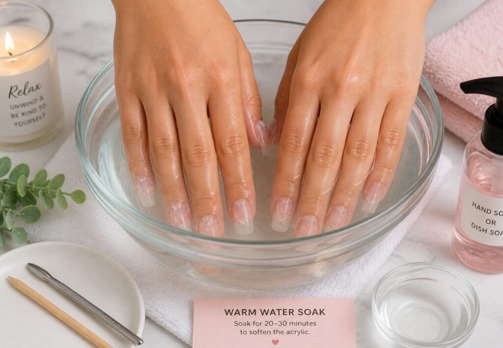 remove acrylic nails without acetone using warm water soak method