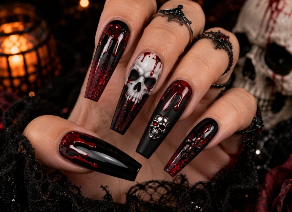 scary halloween acrylic nails inspiration blood drip design
