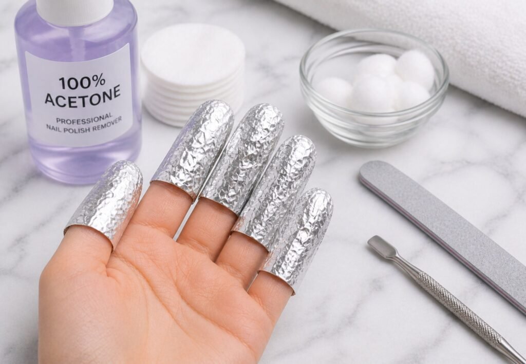 how to soak off acrylic nails at home with acetone foil wrap removal process