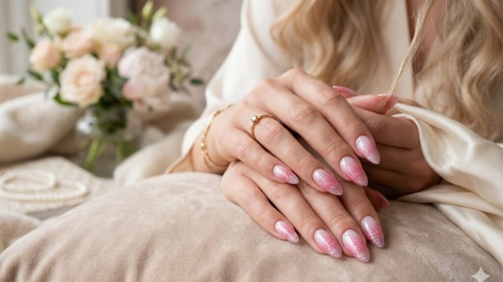 pink and white ombre acrylic nails with glitter close up