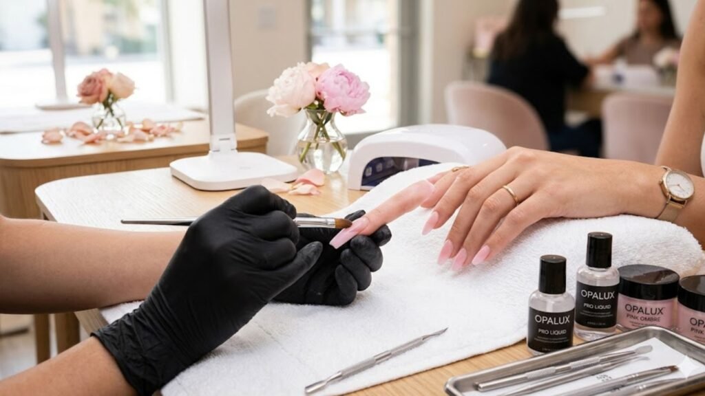 professional pink ombre acrylic nail application
