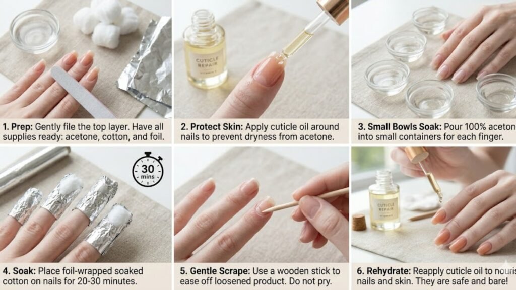safe acrylic nail powder removal process at home
