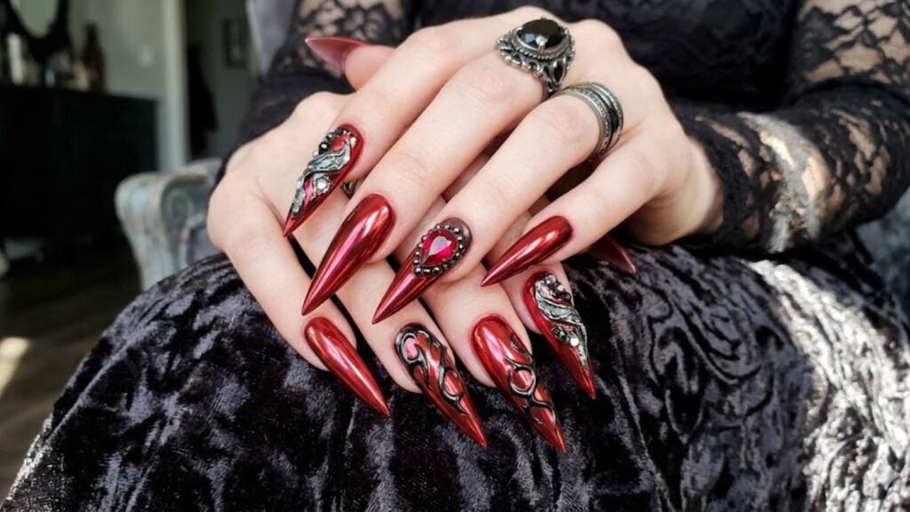 sharp stiletto acrylic nail shapes with chrome finish