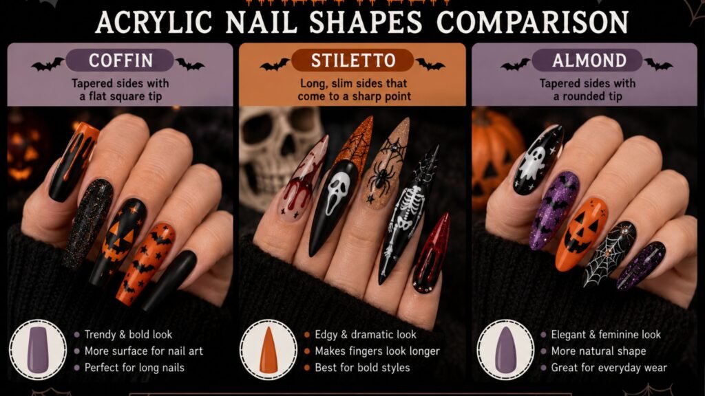 halloween acrylic nail shapes comparison coffin stiletto almond