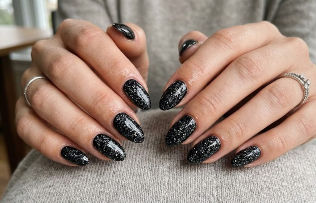 black glitter acrylic nails glamorous style