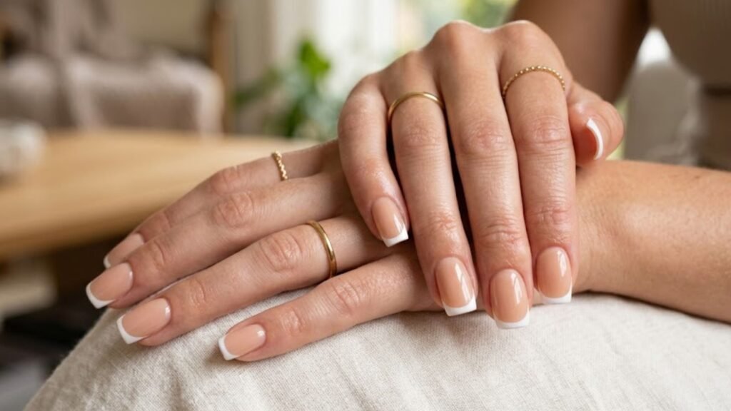 square acrylic nail shapes with glossy nude manicure