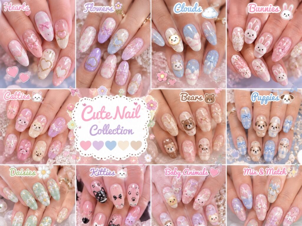 Hand showing cute floral nail art on short acrylic nails