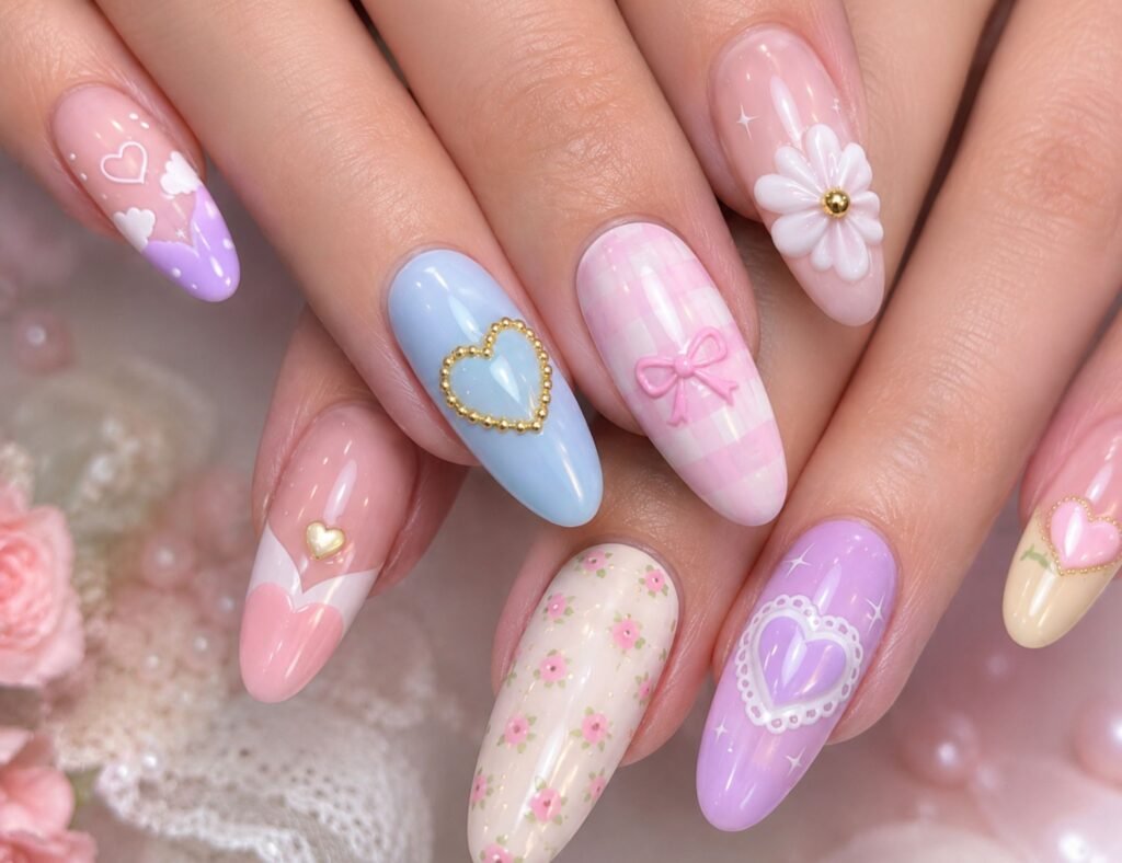 Close-up of pink and lavender manicure with glossy finish