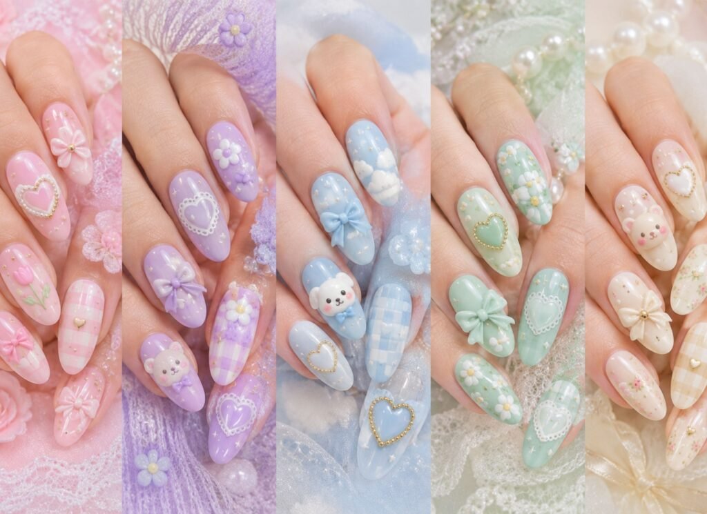 Mint green and baby blue nail design with simple patterns