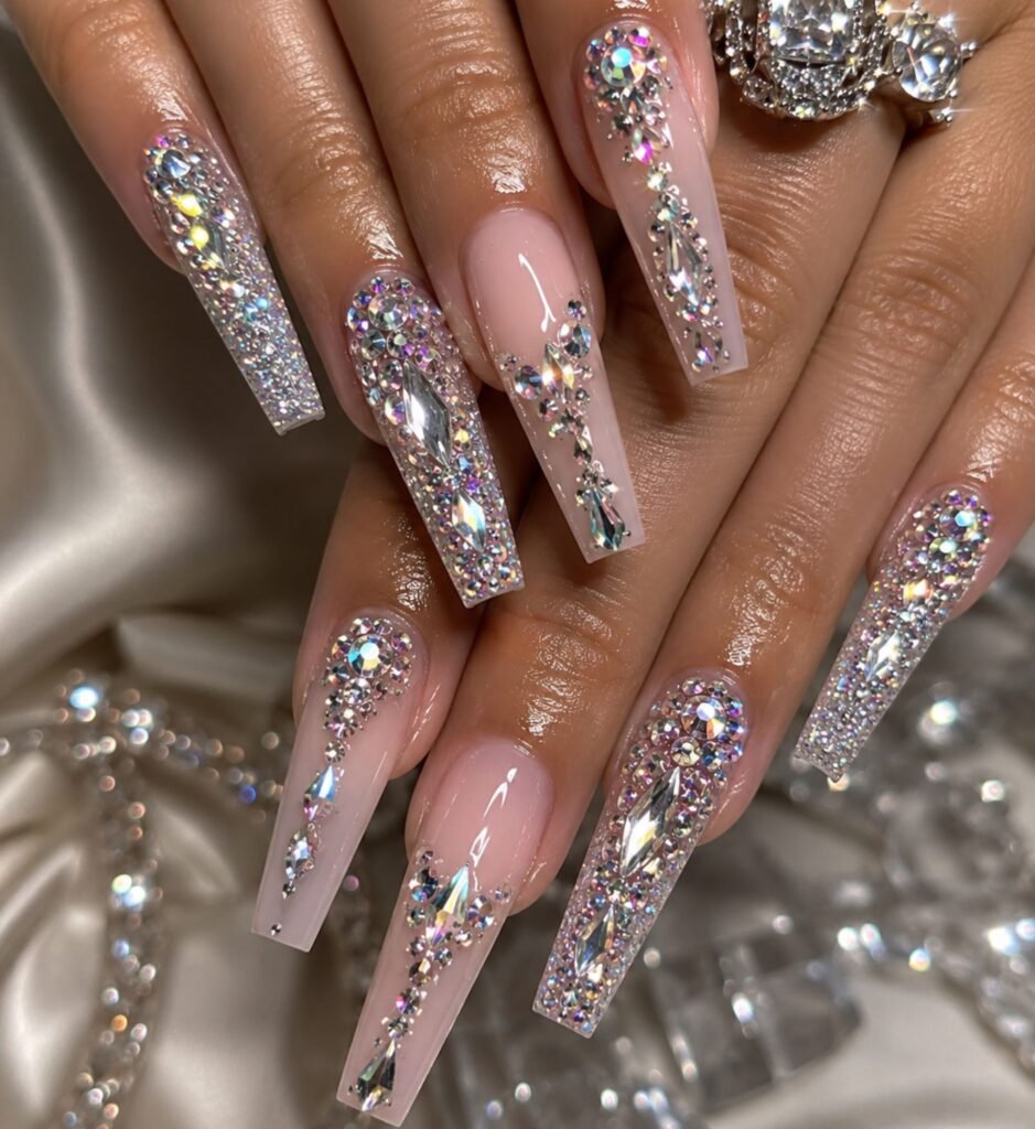 acrylic rhinestone nails with sparkling crystal design