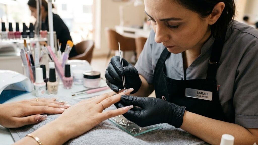 applying acrylic rhinestone nails step by step