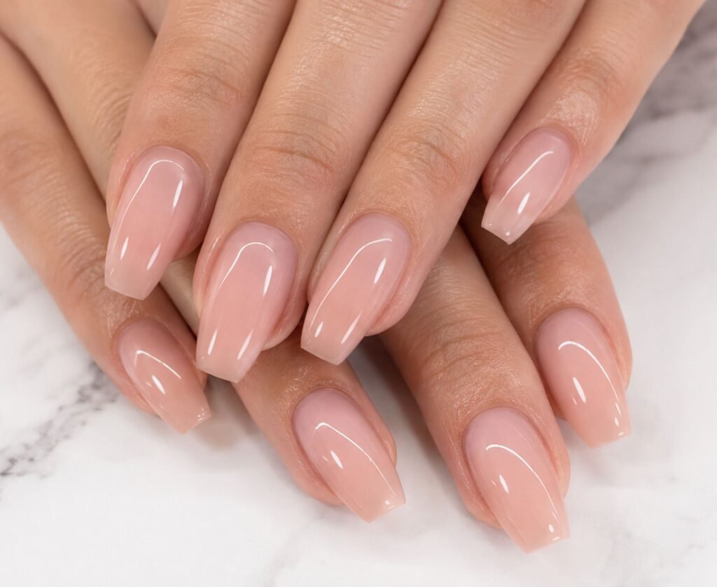 Acrylic Overlay Nails on natural nails with glossy salon finish