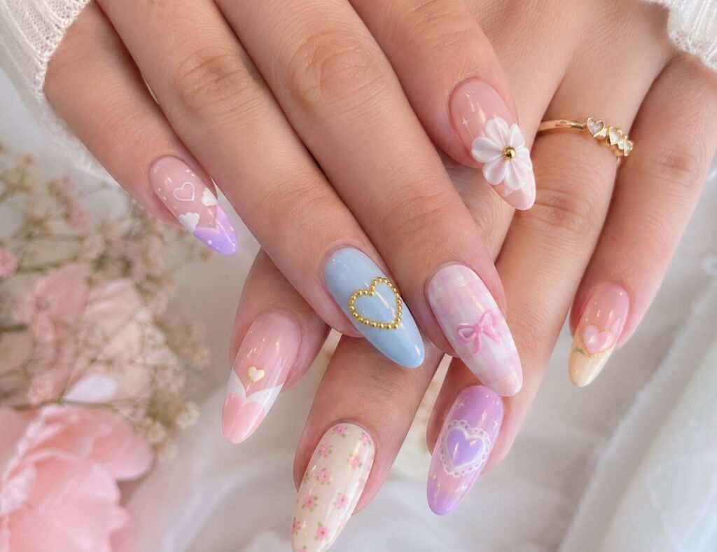 acrylic cute nails with pastel heart and flower designs
