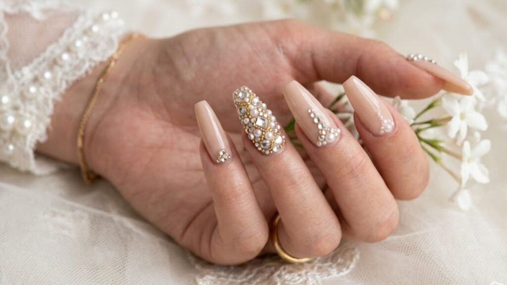 bridal acrylic rhinestone nails with elegant crystal accents