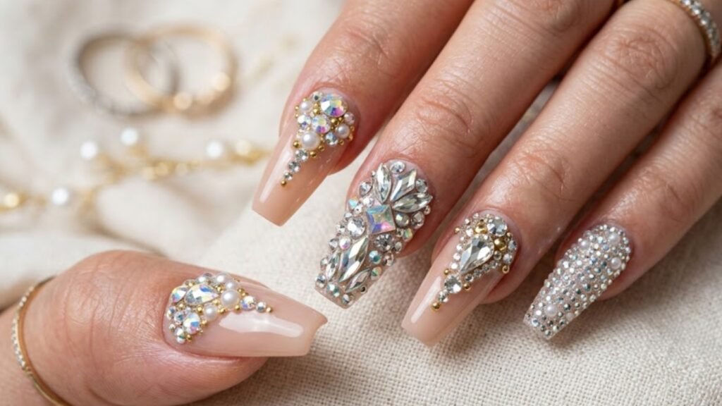 close up of acrylic rhinestone nails with crystal embellishments