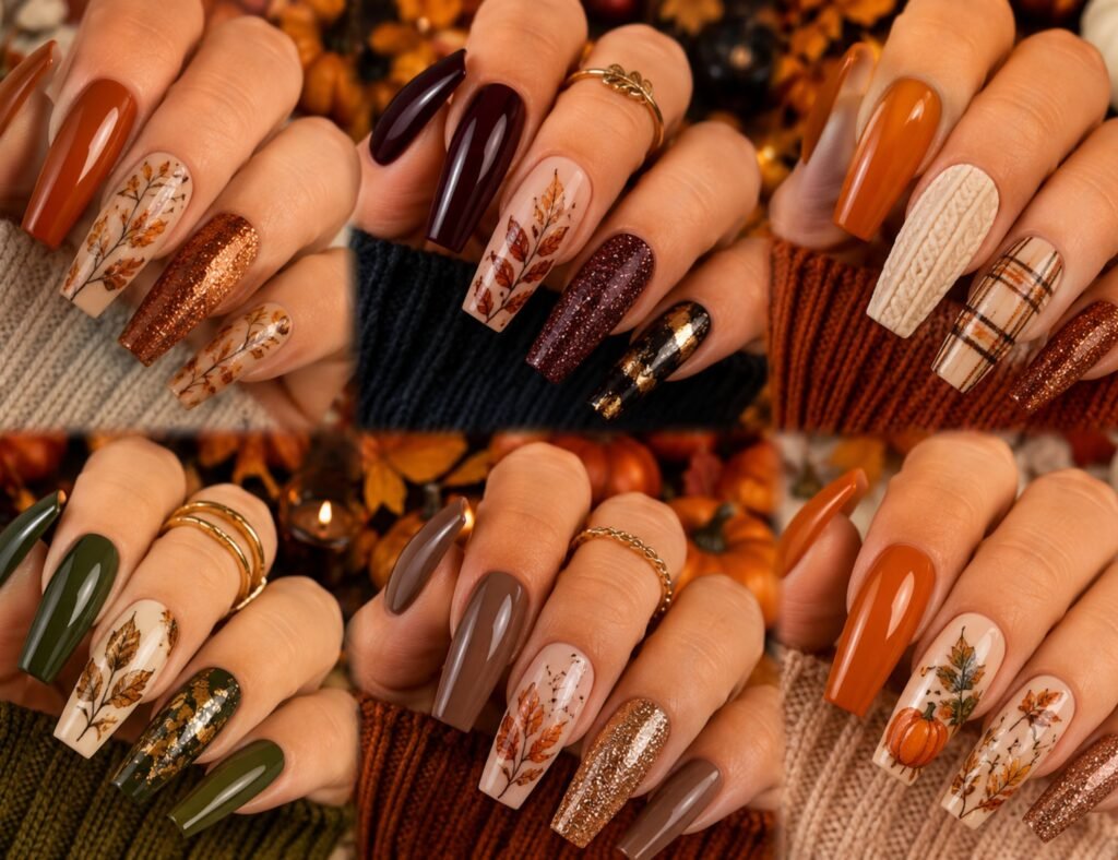 fall acrylic nail art designs featuring autumn leaves, pumpkins, plaid patterns, and warm seasonal colors