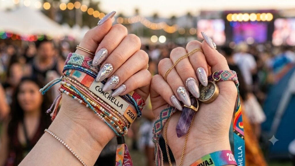 Festival Acrylic Nails completing a colorful festival outfit