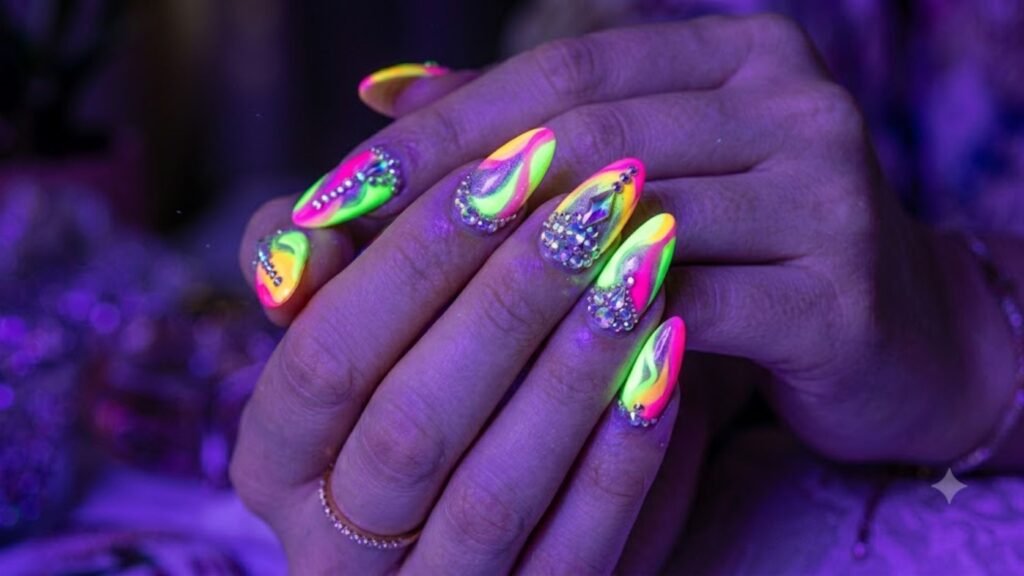 Festival Acrylic Nails featuring neon UV-reactive colors