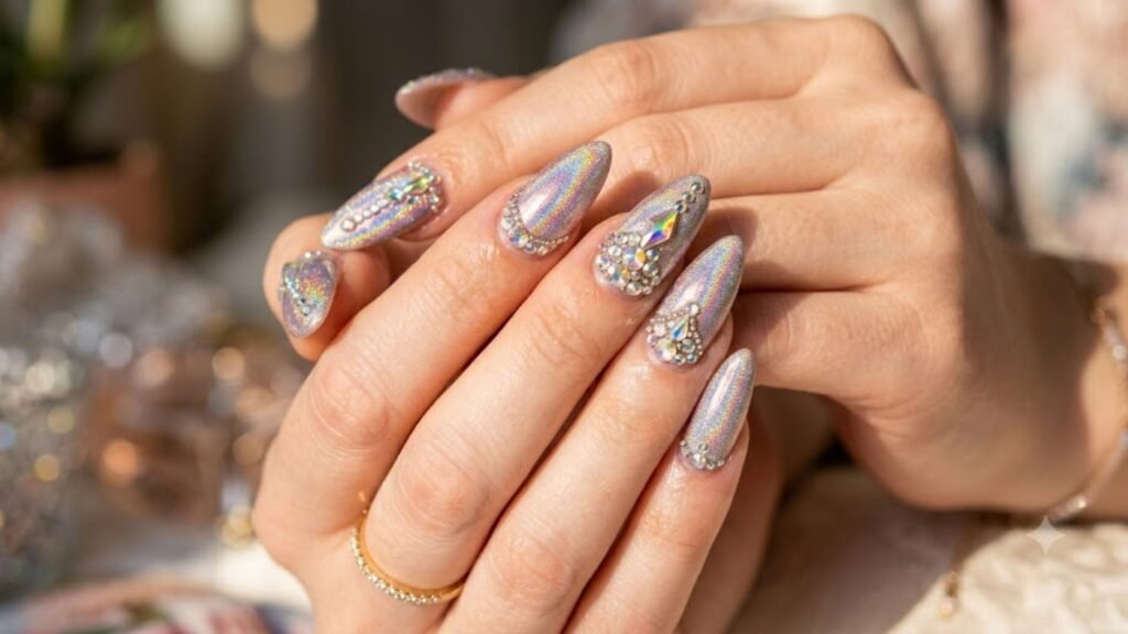 Festival Acrylic Nails with holographic glitter finish