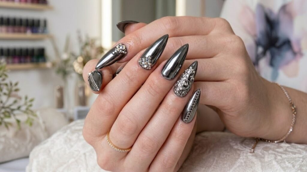 Festival Acrylic Nails in bold stiletto shape