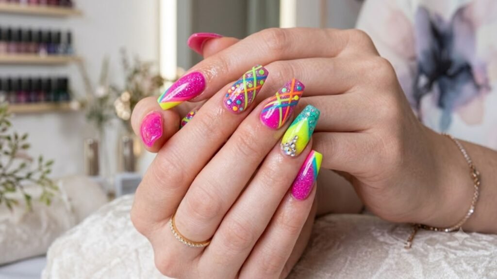 Festival Acrylic Nails in trendy coffin shape