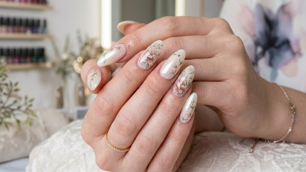 Festival Acrylic Nails with almond shape and floral artwork